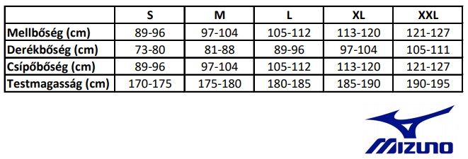 Mizuno mérettáblázat férfi ruha