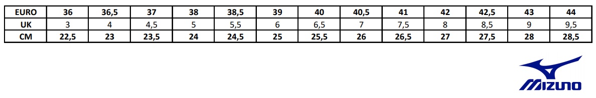 Mizuno mérettáblázat női