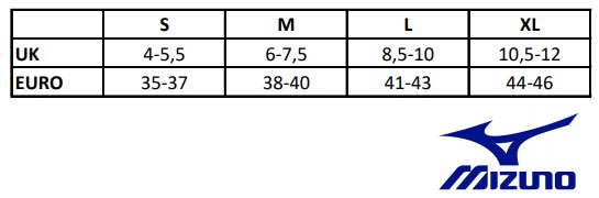 Mizuno mérettáblázat zokni